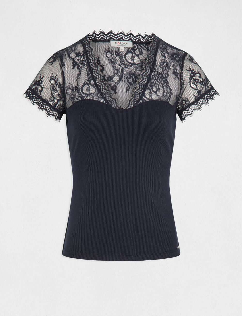 T-shirt manches courtes &agrave; dentelle bleu marine femme
