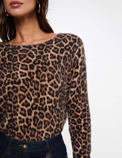 Pull col rond l&eacute;opard beige femme