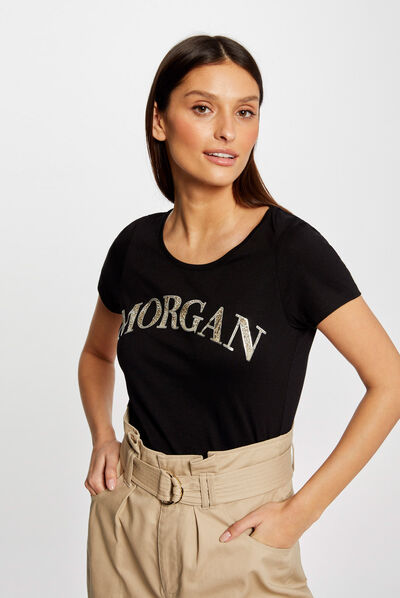 T-shirt met korte mouwen en opschrift zwart vrouw