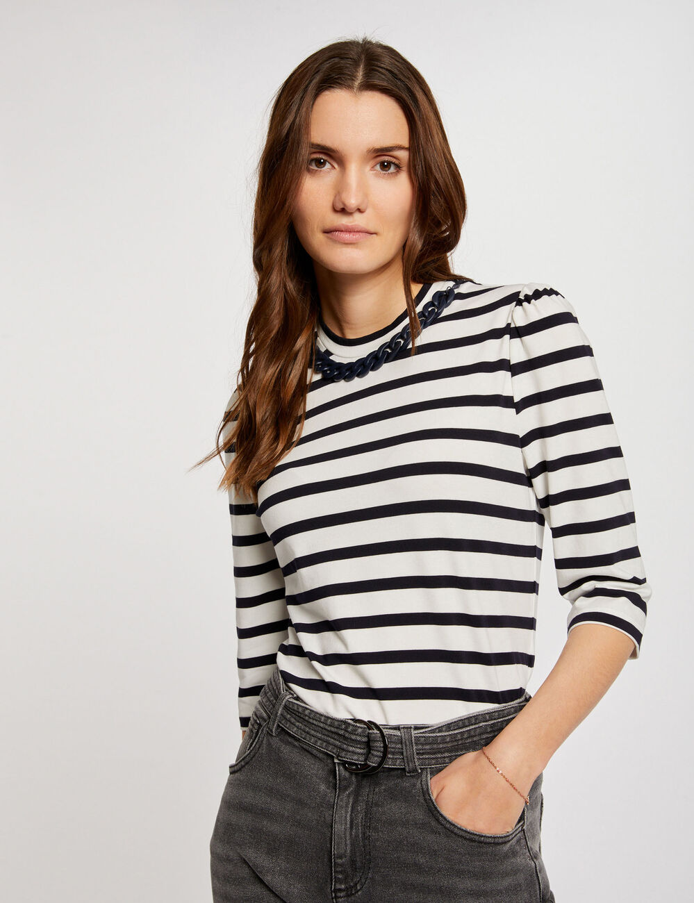 T-shirt manches 3/4 rayures ecru femme