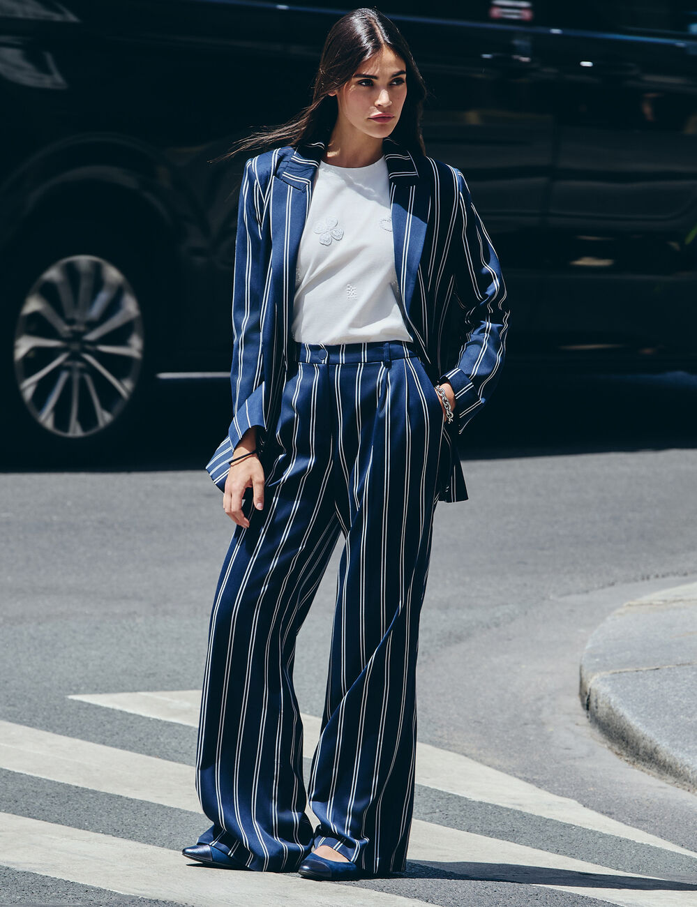 Hoge taille wijde broek marineblauw vrouw