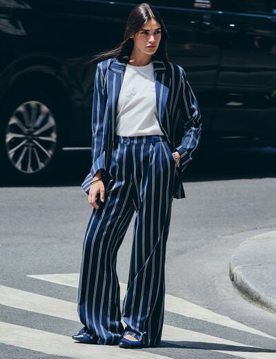 Pantalon large taille haute bleu marine femme