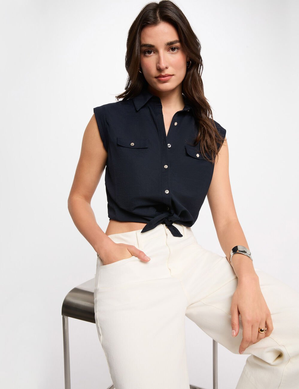 Mouwloze blouse marineblauw vrouw