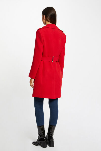 Lange rechte jas met riem en knopen rood vrouw