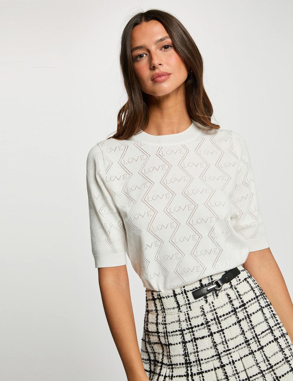 Ajoureerde trui met 3/4-mouwen helder wit vrouw