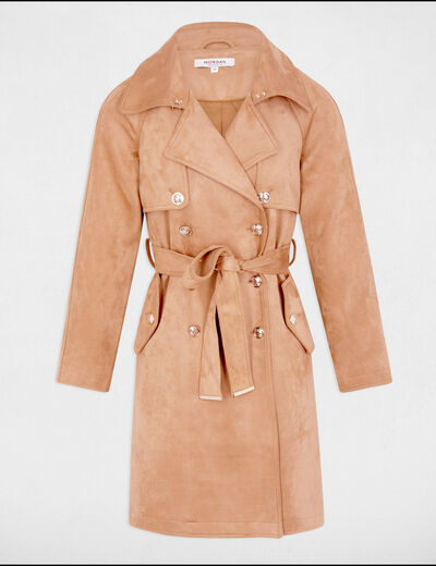 Lange suède trenchcoat marron clair vrouw