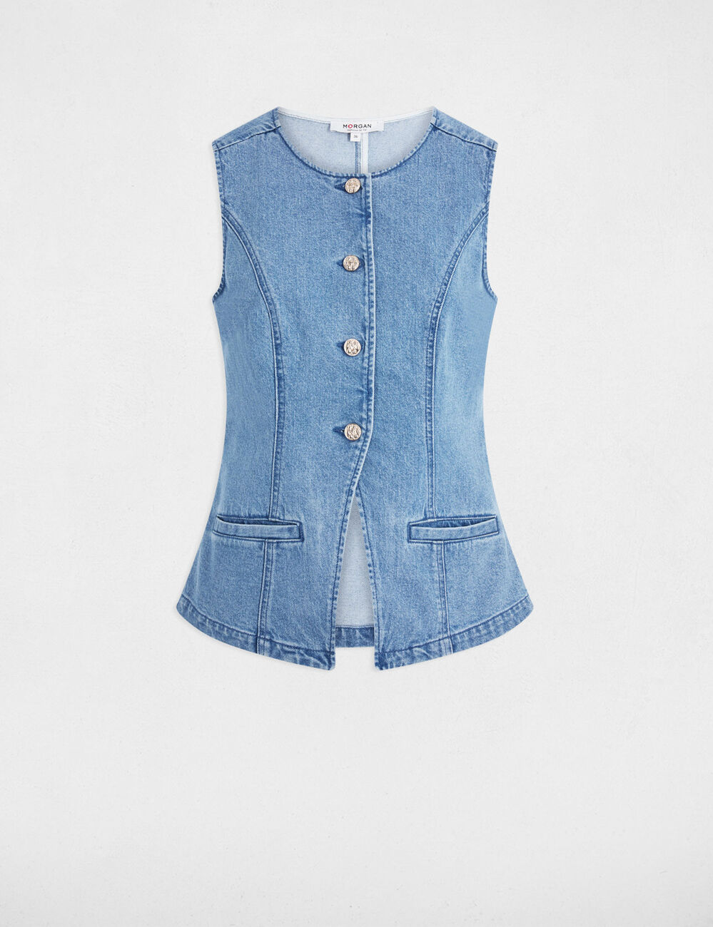 Mouwloos spijkerjack dubbel stone washed denim vrouw
