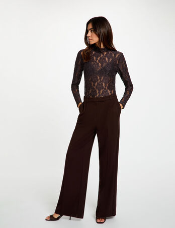 Pantalon large taille haute marron fonc&eacute; femme