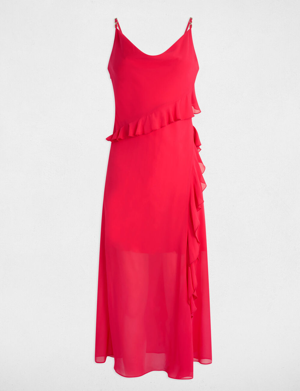 Aansluitende midi-jurk met ruches fuchsia roze vrouw