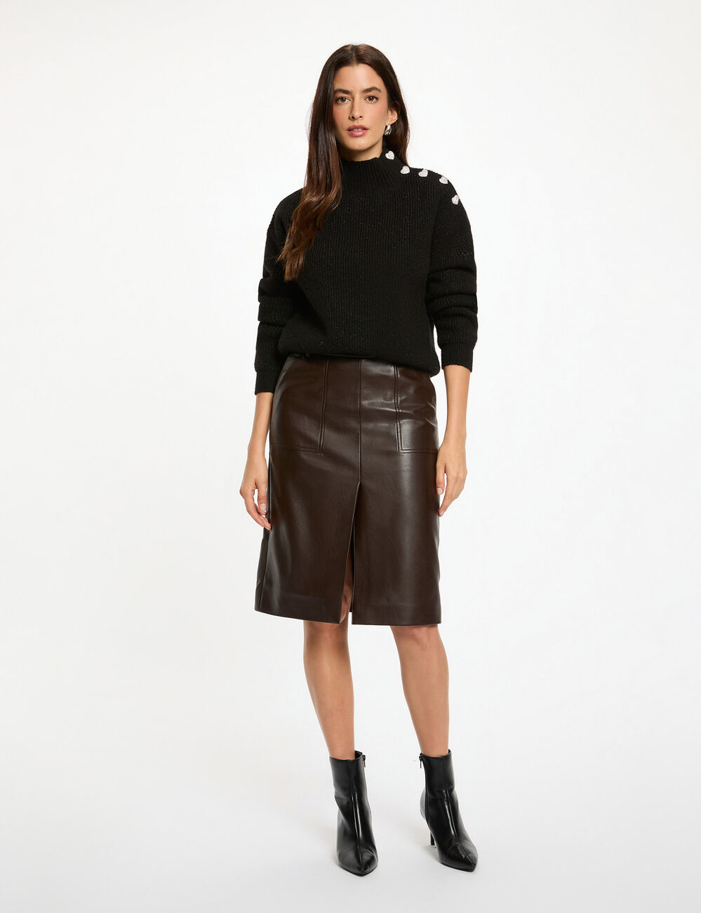 Jupe ajustée simili cuir marron foncé femme