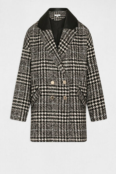 Manteau droit imprimé pied de poule ecru femme
