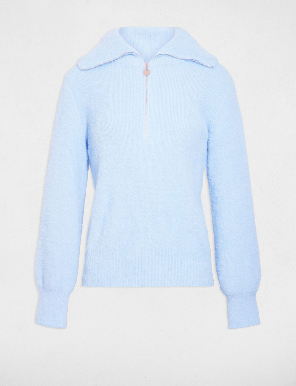 Pull manches longues à col zippé bleu ciel femme