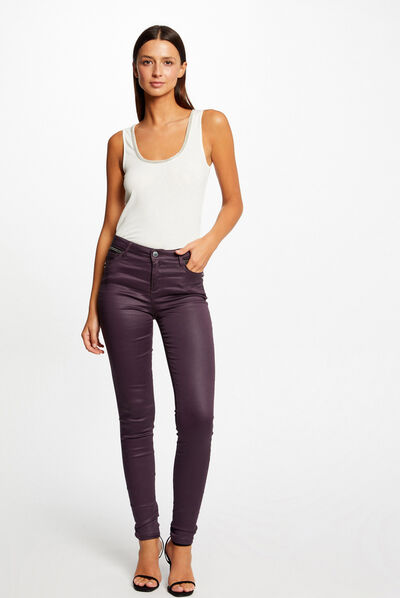 Gecoate skinny broek met juweeldetails pruim vrouw