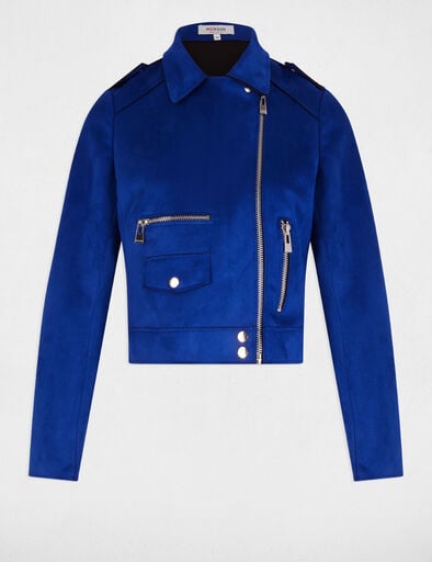 Blouson court zippé suédine bleu electrique femme