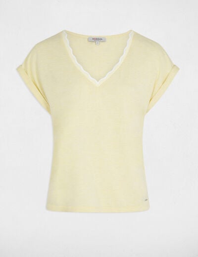 T-shirt col v manches courtes jaune pastel femme