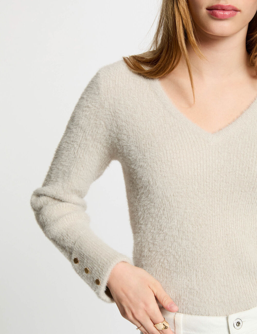 Pull manches longues avec col en V sable femme