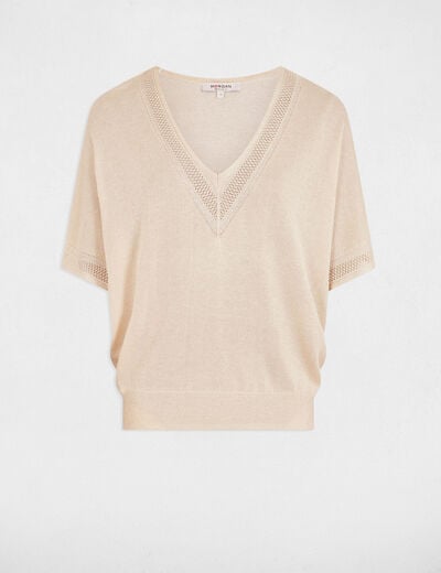 Pull col en V manches courtes ivoire femme