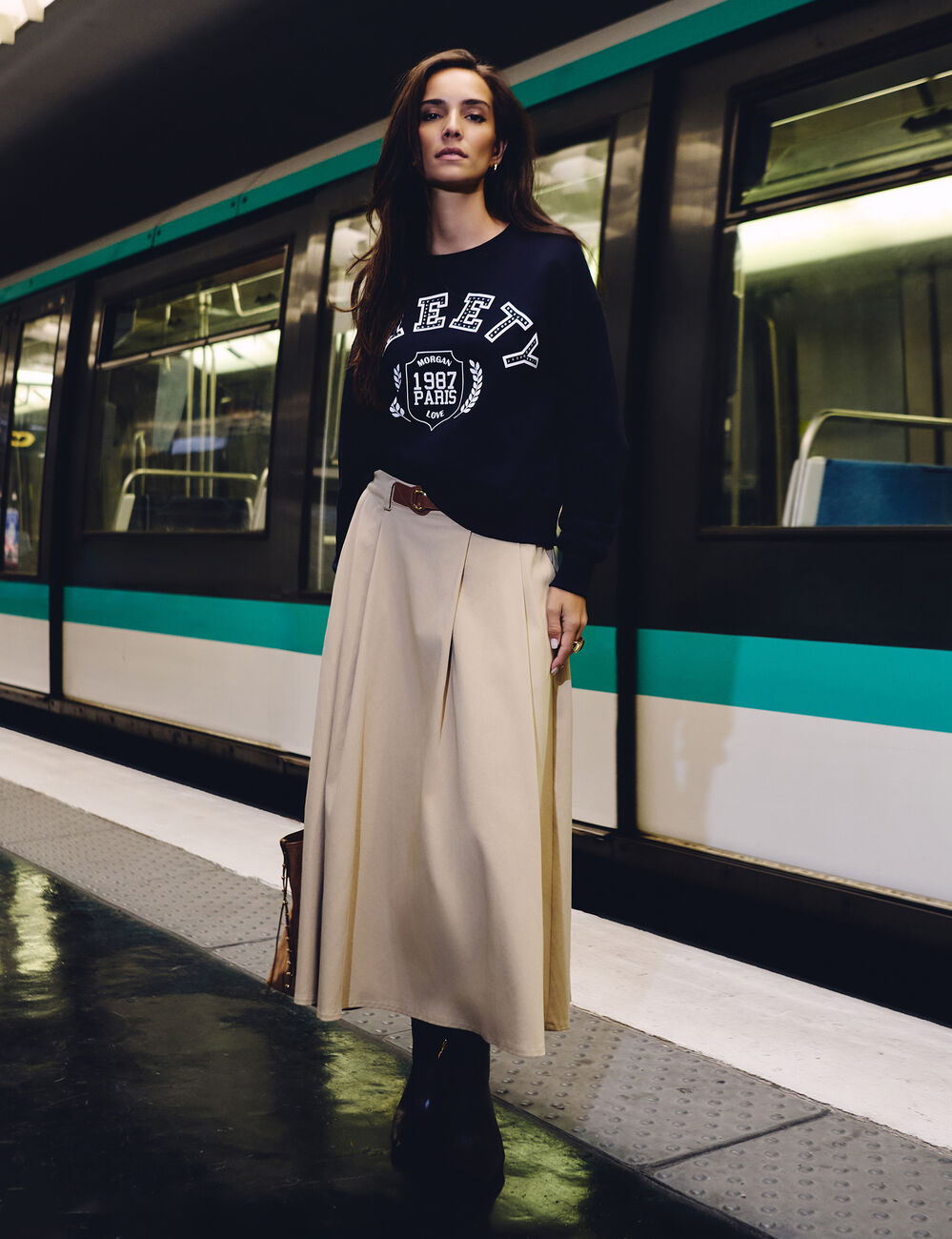 Uitlopende rok met hoge taille beige vrouw