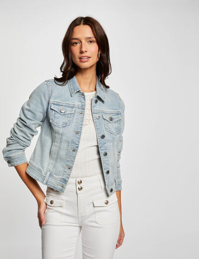 Veste droite boutonn&eacute;e en jean jean bleached femme