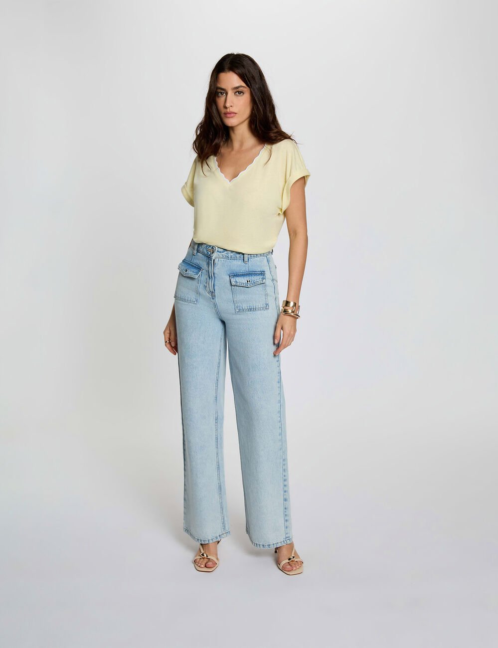 V-hals T-shirt met korte mouwen pastel geel vrouw