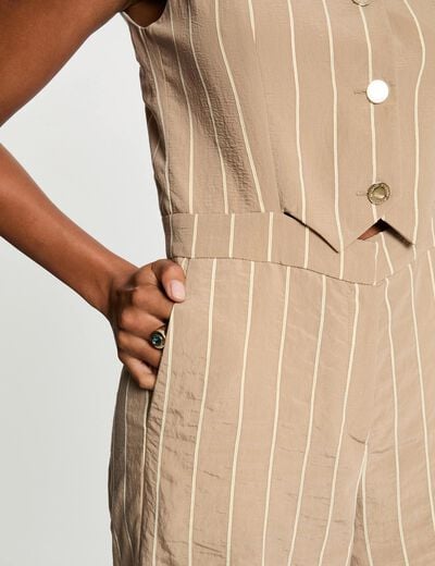 Gestreepte jumpsuit met V-hals taupe vrouw