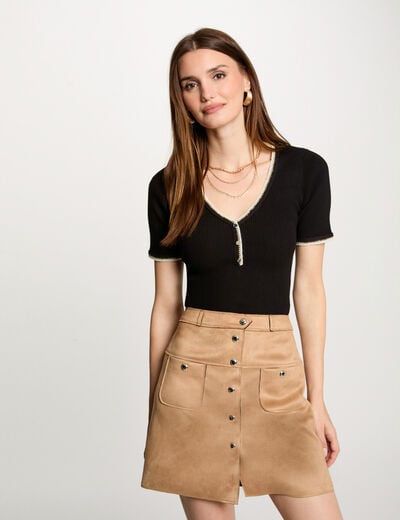 Pull manches courtes côtelé noir femme
