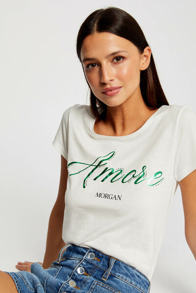 T-shirt manches courtes à inscription ecru femme