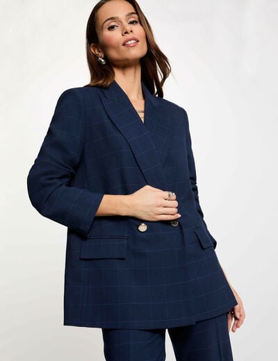 Rechte geruite blazer marineblauw vrouw