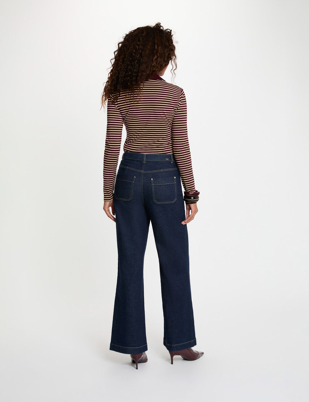 Polo manches longues ray&eacute; bordeaux femme