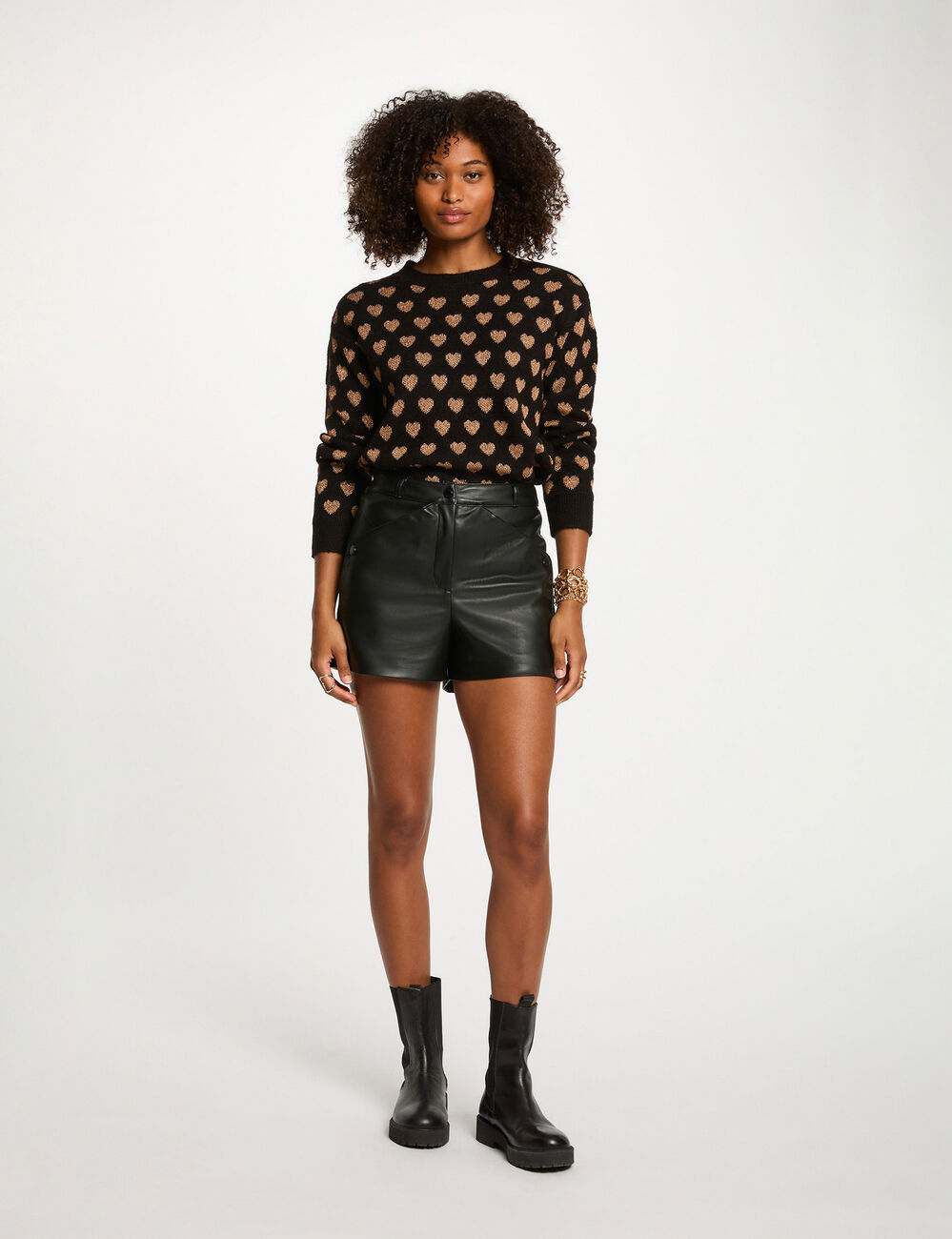 Pull col rond imprimé noir femme