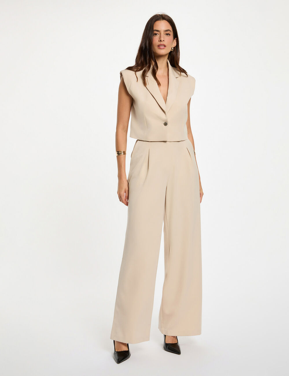 Veste cropped sans manches beige femme
