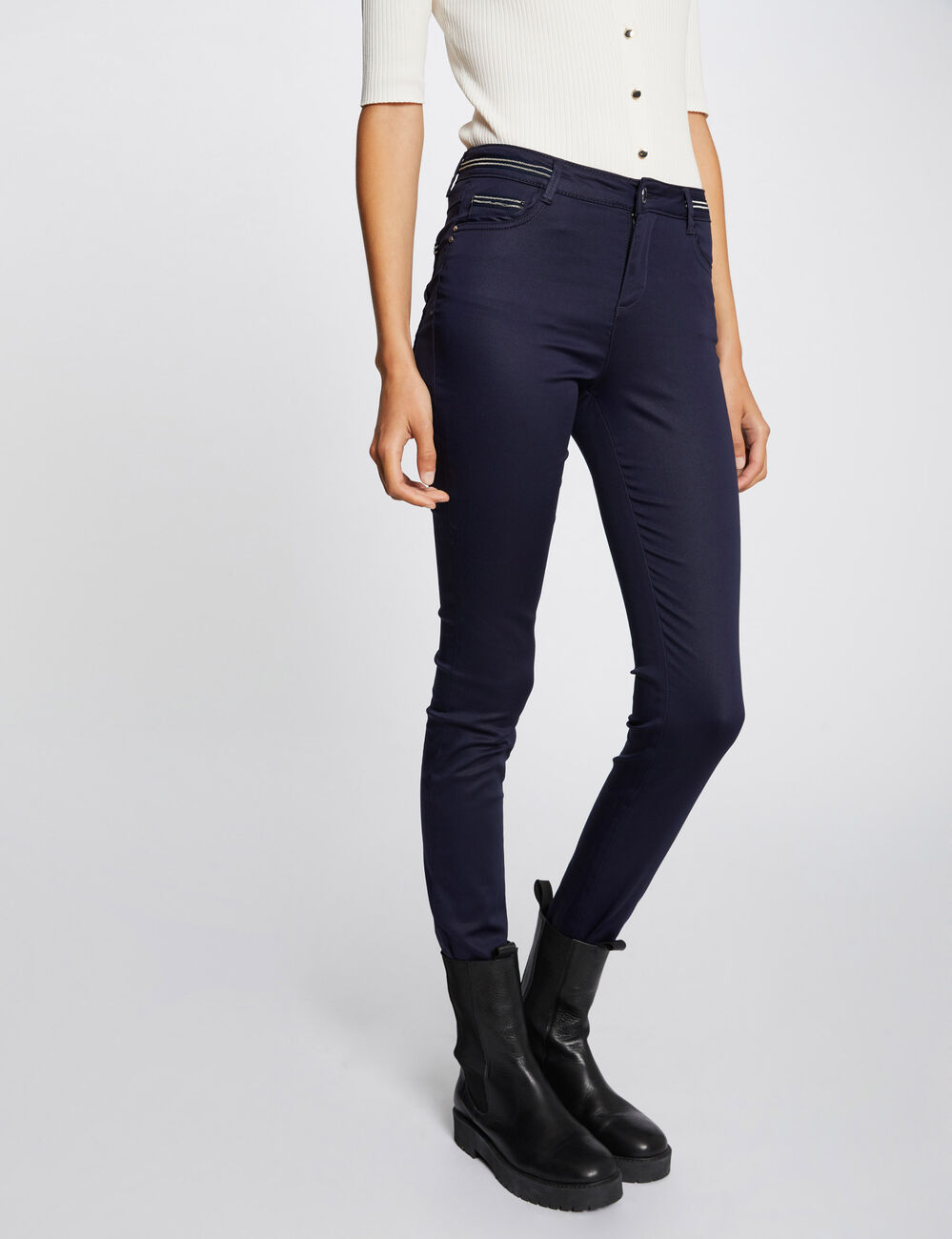 Pantalon slim enduit bleu marine femme