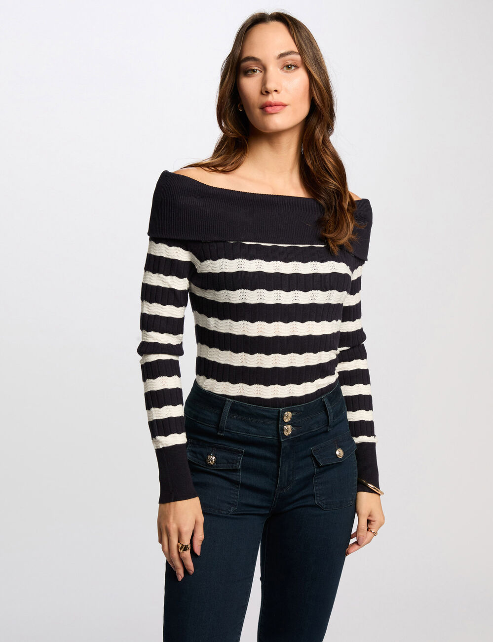 Gestreepte Bardot trui marineblauw vrouw