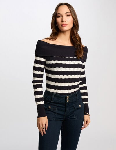 Pull col bardot rayé bleu marine femme