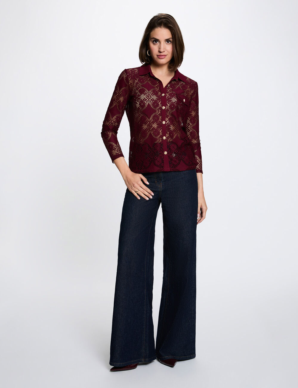 Kant blouse met reverskraag bordeaux vrouw
