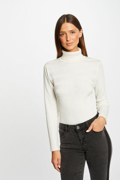 Pull manches longues col roulé ivoire femme