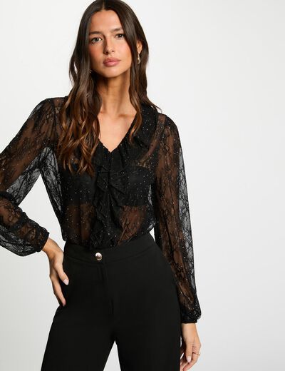 Kant T-shirt met V-hals zwart vrouw