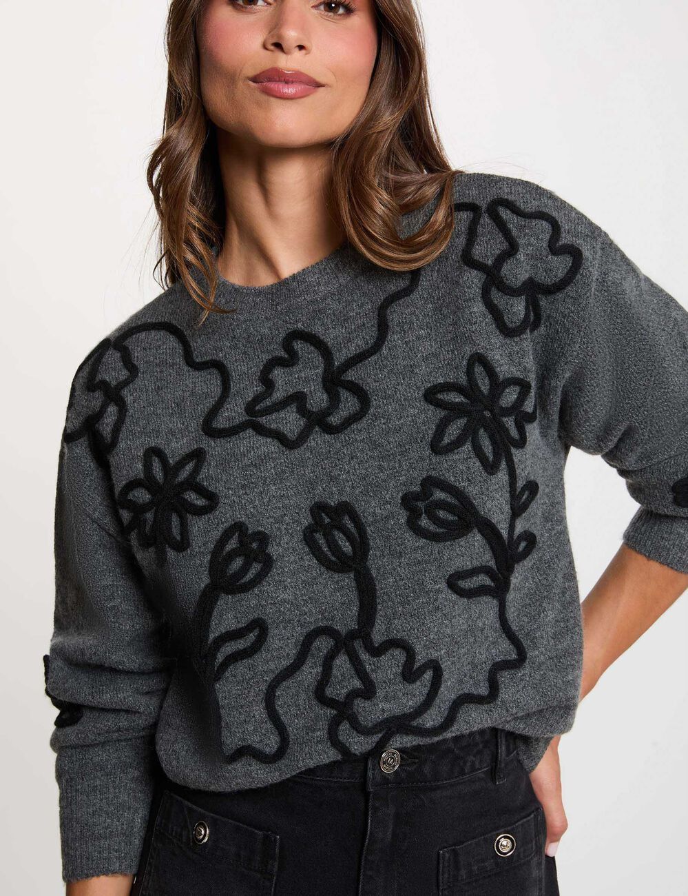 Pull col rond fantaisie gris fonc&eacute; femme