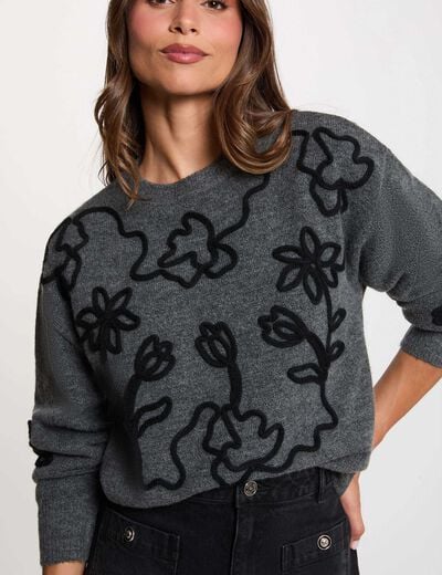 Pull col rond fantaisie gris fonc&eacute; femme