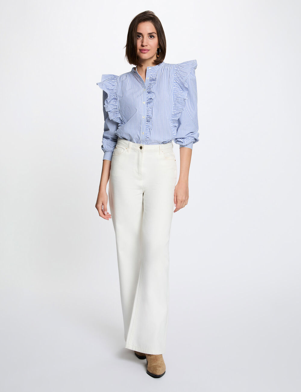 Chemise ray&eacute;e col mao bleu ciel femme