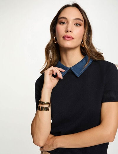 Pull court col chemise bleu marine femme