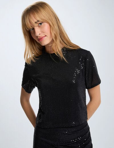 T-shirt sequins col montant noir femme