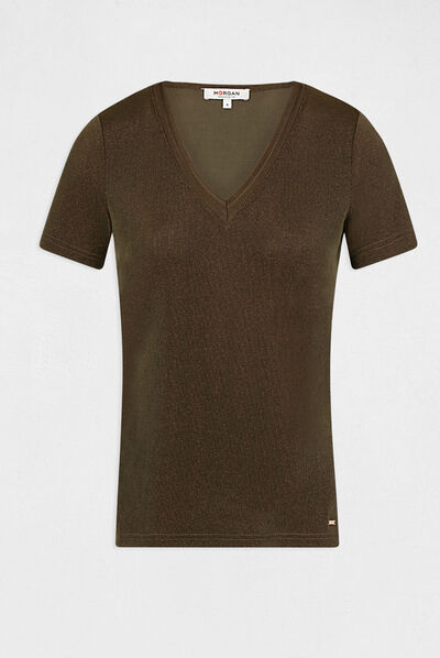 T-shirt manches courtes avec col en V taupe femme