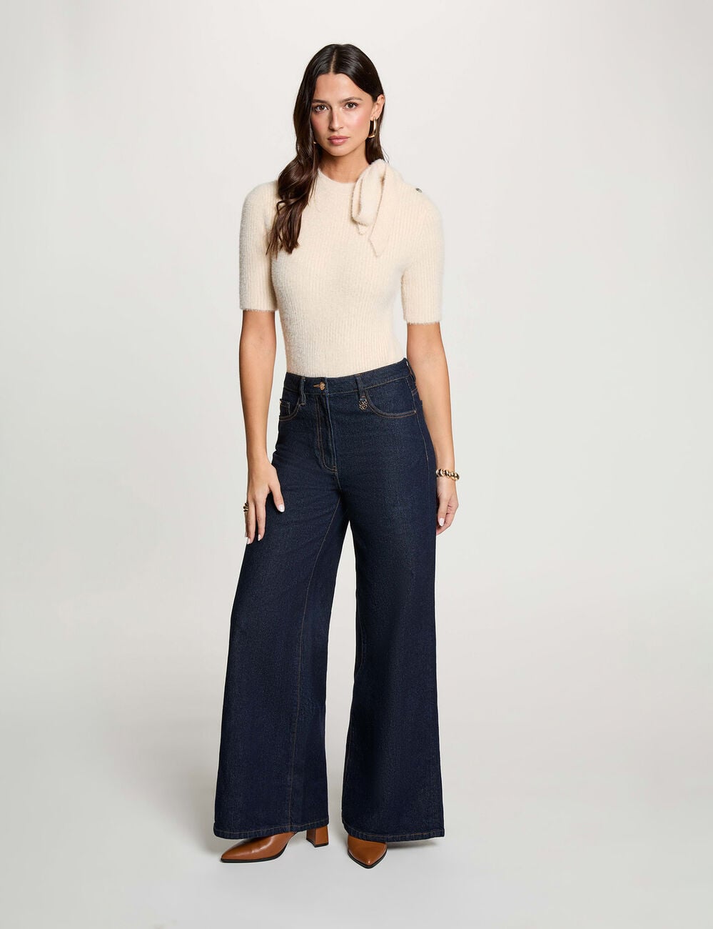 Pull col montant beige femme