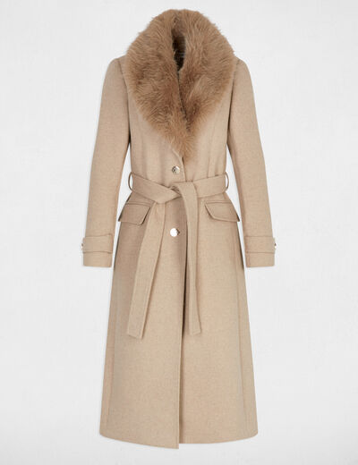 Manteau long ceinturé beige femme