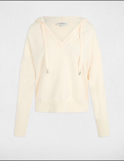 Pull col en V à capuche ivoire femme
