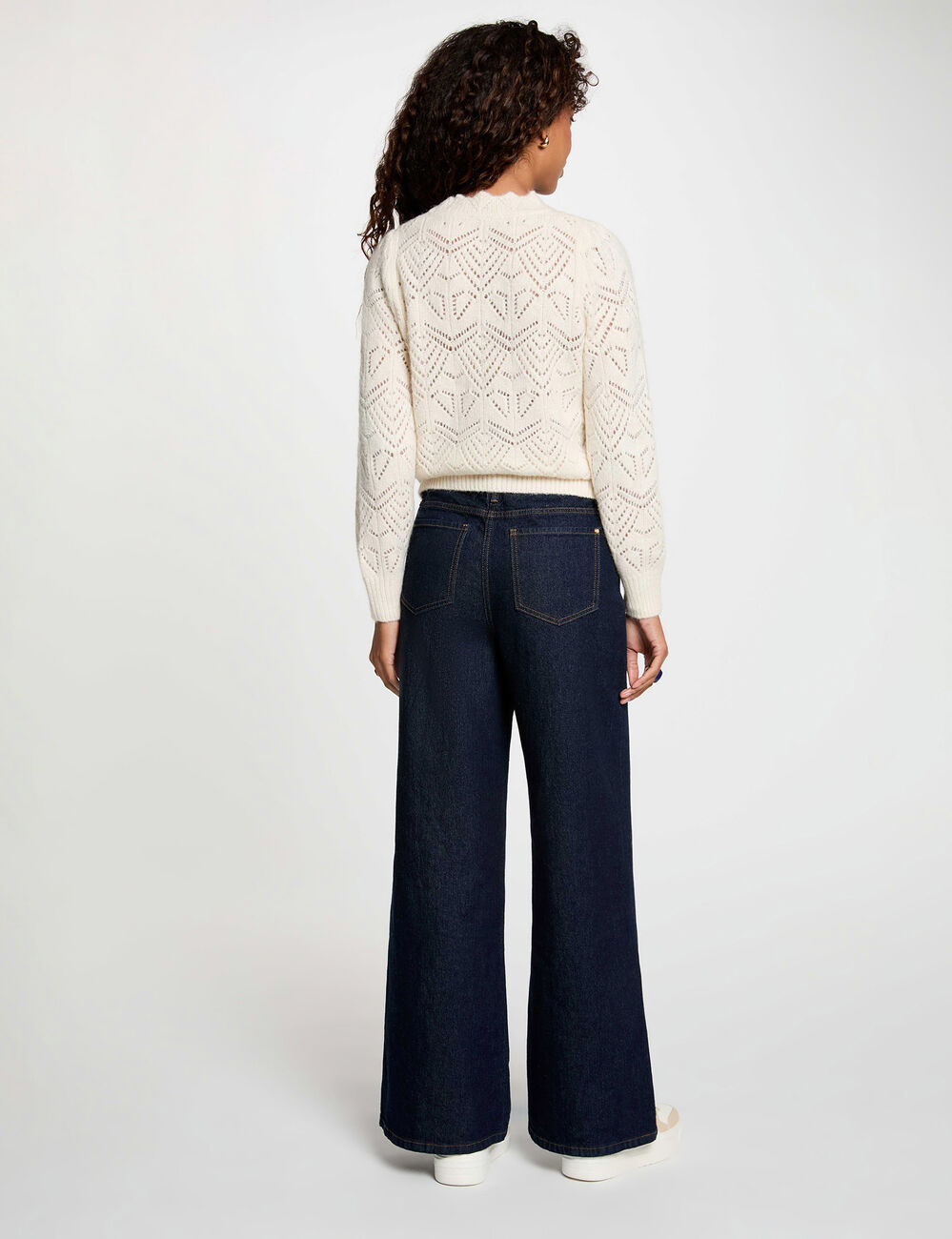 Pull ajour&eacute; col rond ivoire femme
