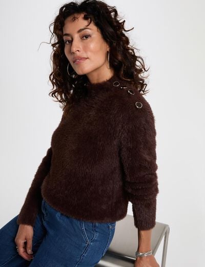 Pull court ajusté marron foncé femme