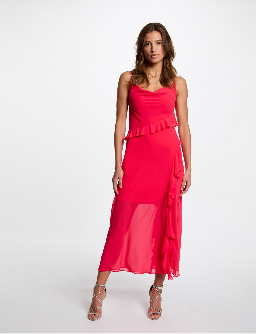 Aansluitende midi-jurk met ruches fuchsia roze vrouw