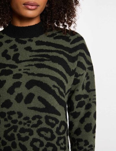 Pull court jacquard vert kaki femme